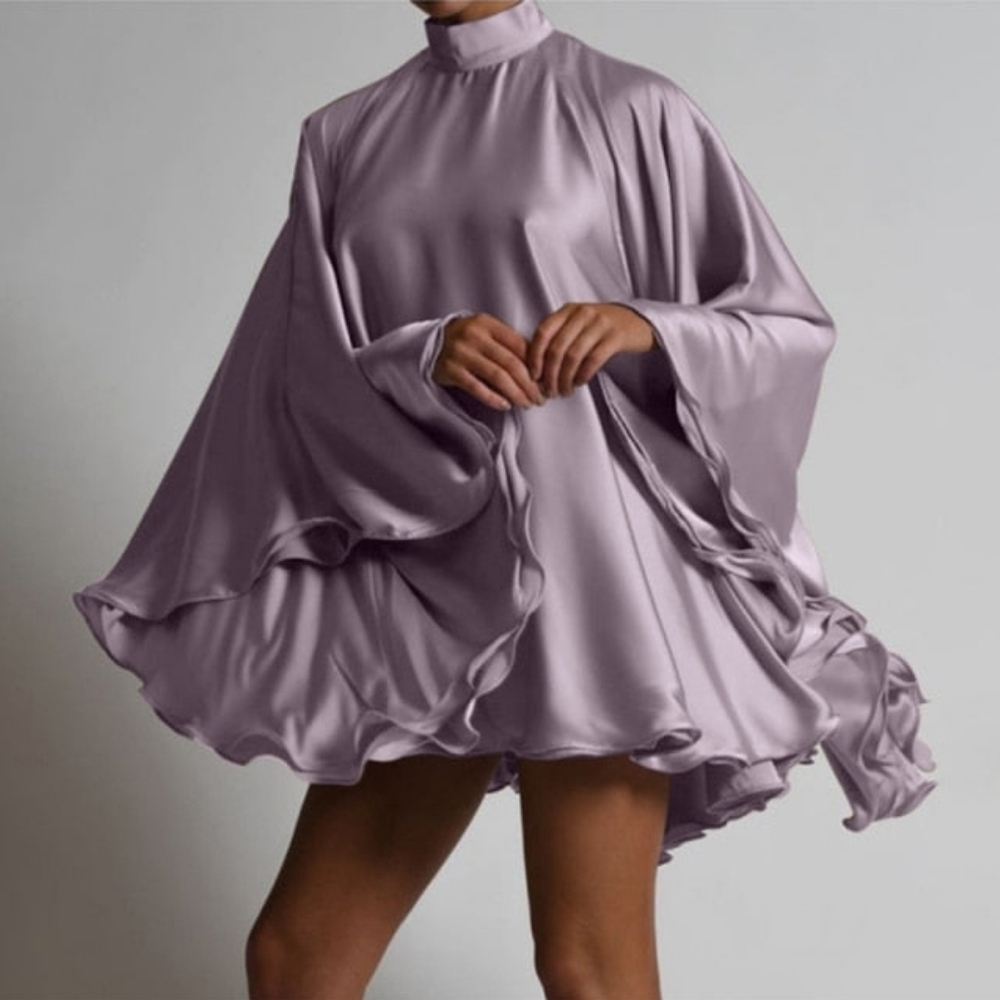 Purple Bell Sleeve Mock Neck Cocktail Dress